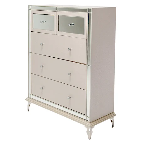 Upholstered 5 Drawer Chest with Mirror and Gem Accents